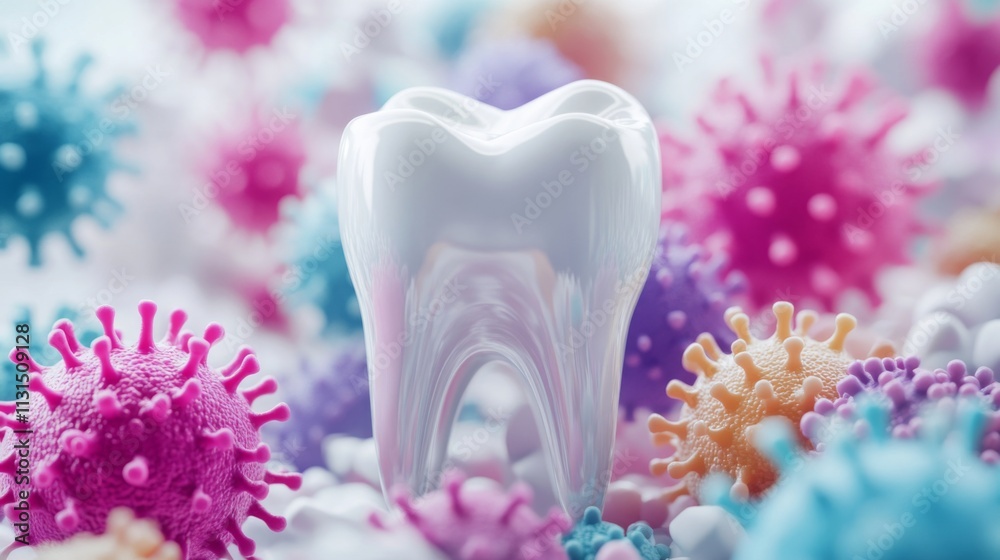 Poster a detailed view showcases a tooth surrounded by colorful representations of bacteria and viruses.