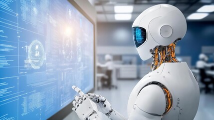 Advanced robotics lab, interactive holograms, seamless digital panels, industrial yet futuristic