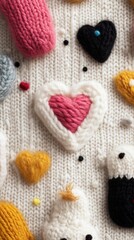 Fototapeta premium Colorful knitted hearts and shapes on a cozy fabric background