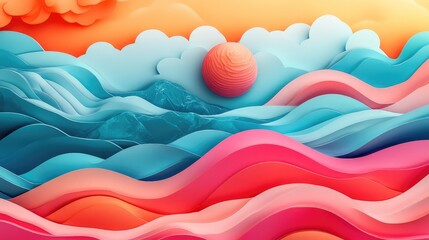 Fototapeta premium Vibrant Abstract Landscape with Colorful Layered Hills and a Radiant Sunset