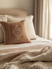 Obraz premium Cozy minimalist bedroom featuring warm textiles and soft lighting for a serene atmosphere