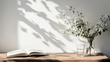 Open book and vase with flowers on wooden surface.