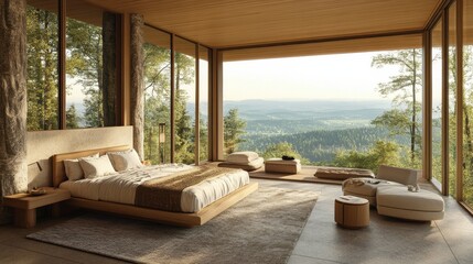 Fototapeta premium Modern Bedroom Design With Stunning Forest View