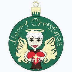 Merry Christmas greetings. New Year's toy with angel and snowflakes.