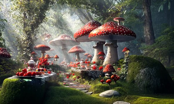 Enchanting mushroom tea party in a sun-dappled, moss-covered forest.