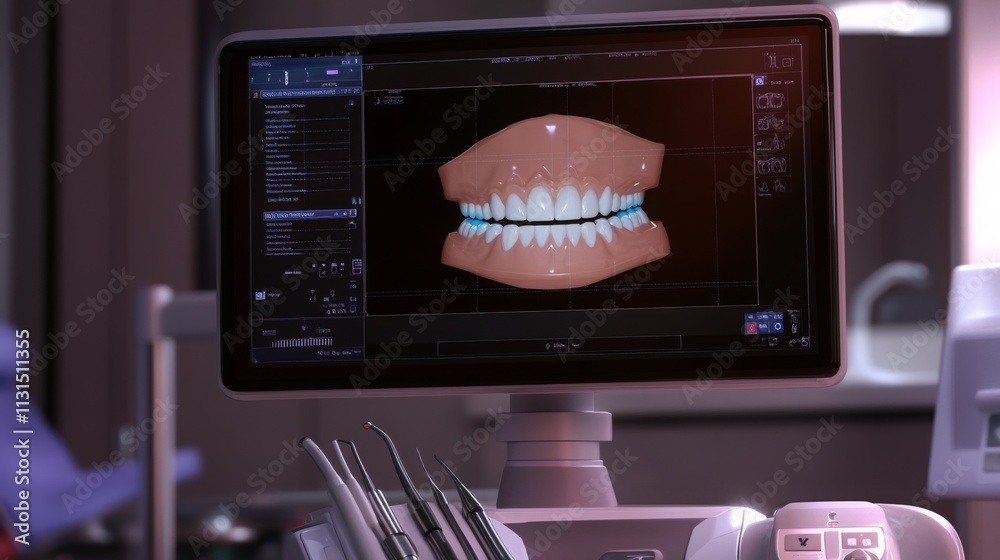 Poster A digital screen displays a detailed 3D model of a dental structure in a modern dental clinic. The setting highlights the use of advanced technology in contemporary dentistry practices.
