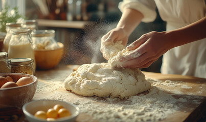 Hands knead dough on a wooden table in a farmhouse kitchen. Flour floats in the air, surrounded by eggs, jars, and ingredients. Warm light enhances the rustic charm. Ideal for food blogs or ads