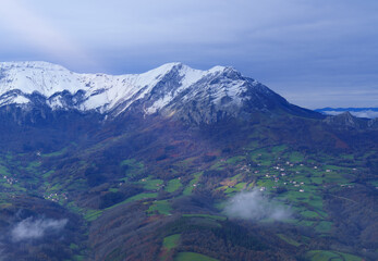 Araitz Valley and Aralar mountain range. Town of Azkarate and Balerdi mountain in the Aralar mountain range, Navarra.