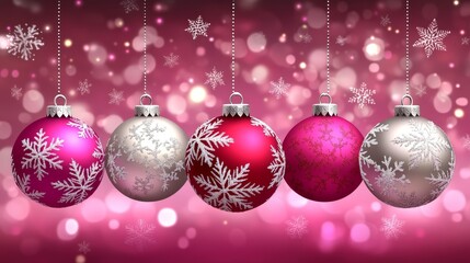 Obraz premium A collection of colorful Christmas ornaments hanging against a blurred pink background with snowflakes and bokeh lights