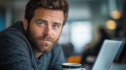 Obraz premium Close-up of a man with a beard looking at the camera while sitting at a table with a laptop and a cup of coffee
