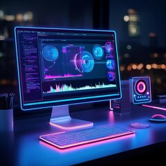 Fototapeta premium Digital artist workspace, floating holographic editing tools, sleek yet creative vibe