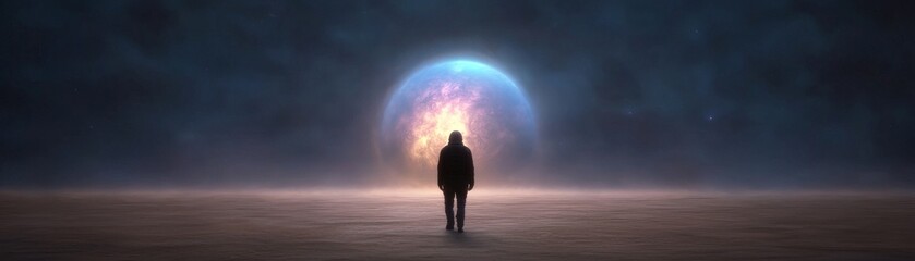 Obraz premium Solitary Figure Before a Celestial Orb Digital Painting of an Alien Landscape