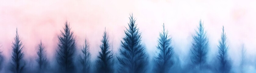 Obraz premium Misty Blue Pines Watercolor Landscape Painting