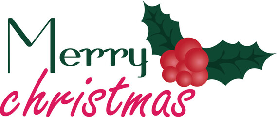 Merry christmas text, holly berries and leaves illustration transparent background	