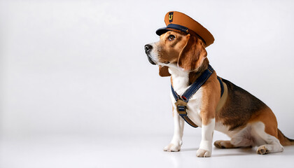 With a proud and joyful demeanor, a beagle stands against a crisp white backdrop, donned in a miniature mail carrier uniform, showcasing its charming personality and readiness for fun