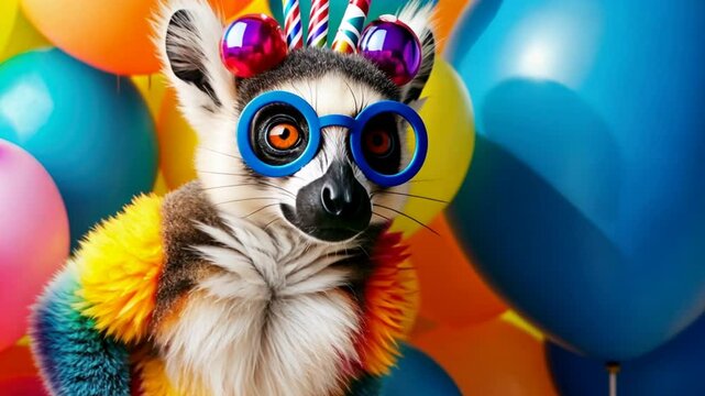 A monkey wearing glasses and a crown stands in front of a bunch of balloons
