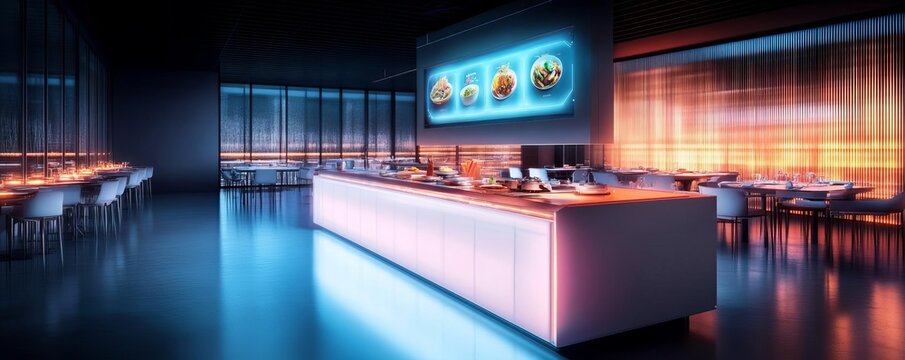 Futuristic dining hub, glowing holographic recipe suggestions, high-tech and welcoming environment
