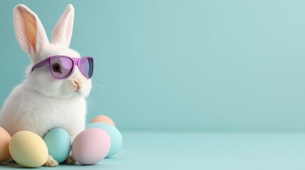 Obraz premium Cool Easter Bunny with Pastel Eggs and Sunglasses