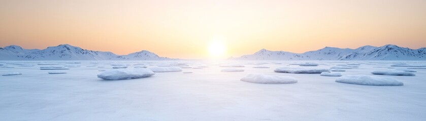 Obraz premium Arctic Sunset Panoramic Winter Landscape with Ice Floes and Mountains