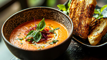 A cozy kitchen bathed in sunlight showcases a steaming wooden bowl of freshly prepared soup surrounded by vibrant vegetables, aromatic herbs, and crusty bread. Warm and inviting.

