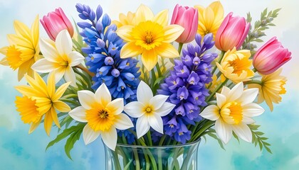 Fototapeta premium Vibrant bouquet of colorful flowers in a glass vase, painted in watercolor style