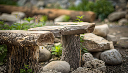 Three Rustic Wooden Benches in a Rock Garden Setting