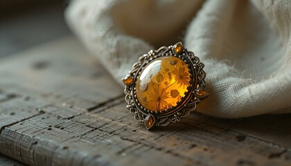 Stunning amber brooch with intricate detailing resting on rustic wooden surface