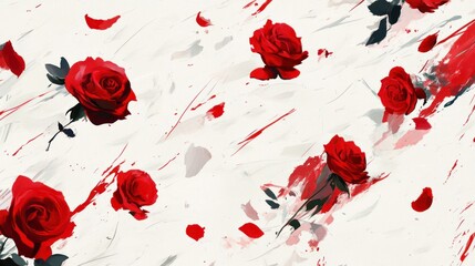 Red roses scattered on a white surface with blood-like streaks.