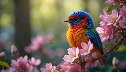 Colorful bird perched on blooming flowers in a vibrant spring garden