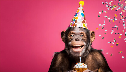 Charming chimpanzee wears a festive party hat while joyfully holding a delicious cupcake topped with sprinkles. Colorful confetti fills the air, enhancing the celebratory mood