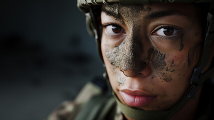 Close up of a female army soldier wearing military camouflage face paint. Strong woman in war. IWD 2025