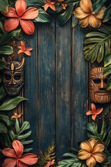 Wooden frame with tiki mask and exotic leaves creating a tropical background