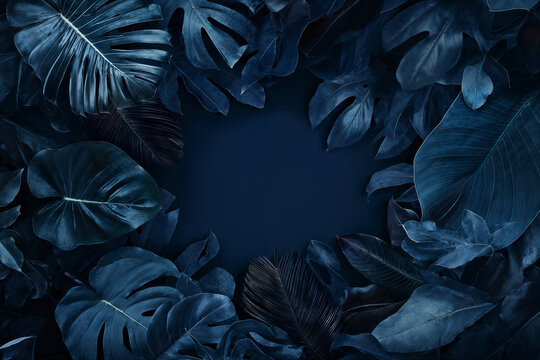Composizione Minimalista di Foglie Tropicali con Toni Blu Scuri