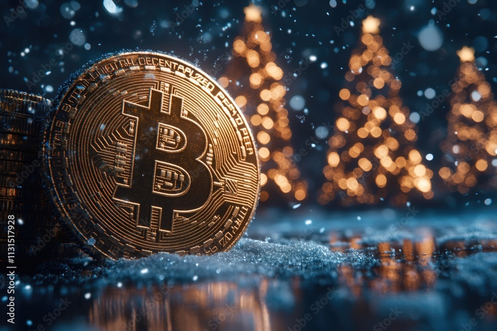 Poster golden bitcoin standing in the snow with christmas trees in the background during a snowfall