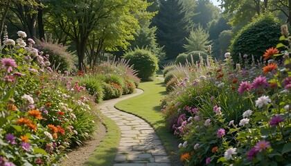Fototapeta premium Beautiful garden pathway surrounded by blooming flowers and lush greenery, serene outdoor scene 