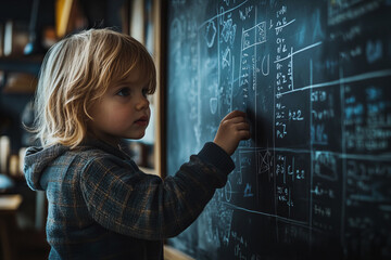 Child solving a math problem on a chalkboard in a classroom during a sunny day