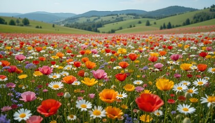 Vibrant wildflower field bursting with colors under blue sky, stunning natural landscape