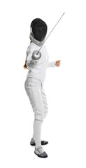 Fencer with epee practicing on white background