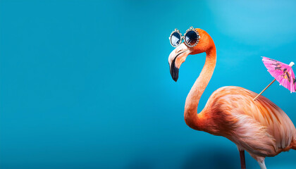 Standing confidently against a vivid aqua background, the flamboyant flamingo showcases oversized sunglasses and a miniature umbrella, radiating a playful and sassy vibe