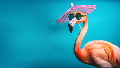 Standing tall with flair, the flamboyant flamingo showcases its personality. Its oversized sunglasses glitter under the bright sun, complemented by the playful pink parasol in an aqua paradise