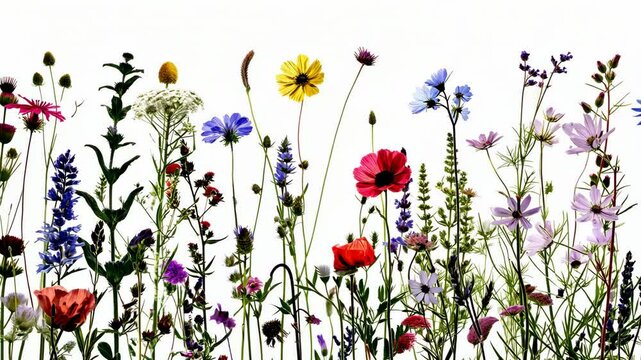 Row of wild flowers on white background. Close-up of a floral variety on a meadow.