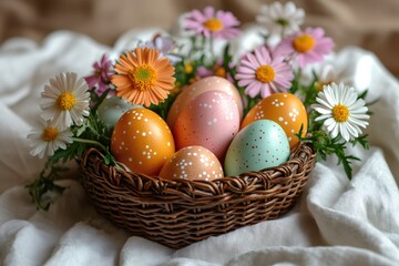 Fototapeta premium Colorful easter eggs and spring flowers creating a festive centerpiece in a wicker basket