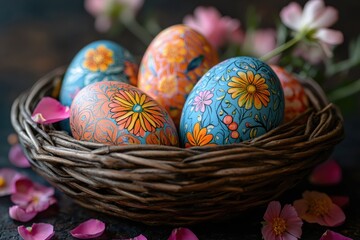 Fototapeta premium Hand-painted easter eggs featuring vibrant floral designs nestled in a rustic wicker basket, surrounded by delicate flower petals