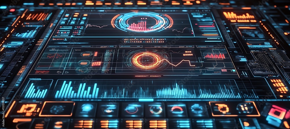 Poster An abstract digital interface with data charts and graphs