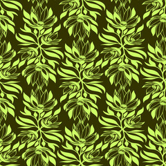 Fototapeta premium seamless green graphic floral pattern on olive background, texture