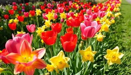 Fototapeta premium Vibrant tulips and daffodils blooming in a colorful garden under bright sunlight