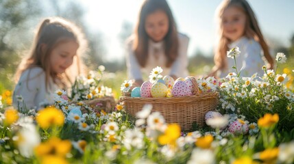 Family enjoying easter egg hunt in a beautiful field of wildflowers