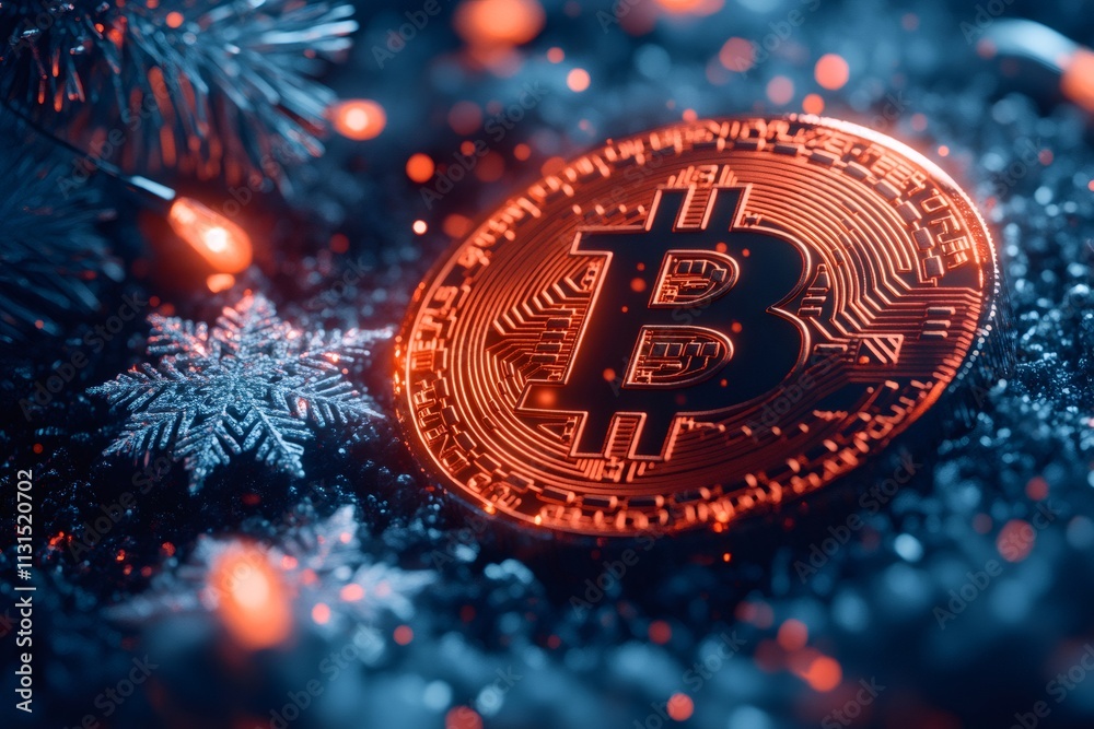 Poster bitcoin shines brightly in a festive christmas setting with snowflakes and lights