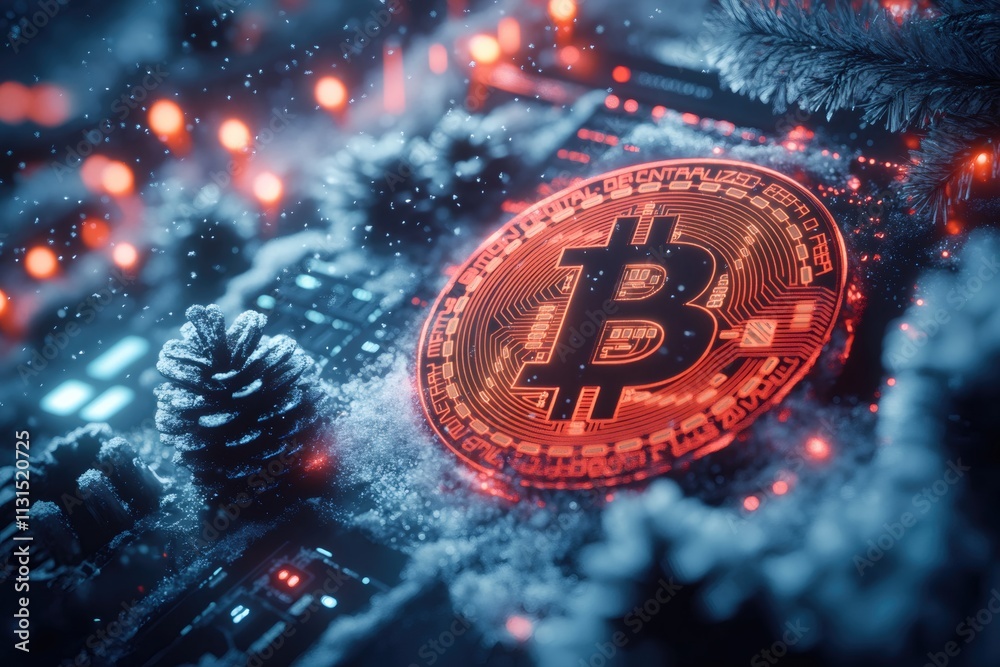 Poster red glowing bitcoin is lying on snowy circuit board next to pine cone and christmas tree branch, sug