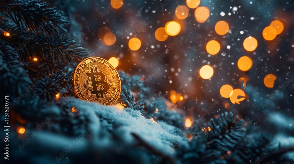 Poster bitcoin cryptocurrency golden coin resting on snowy pine branches with christmas lights glowing in b